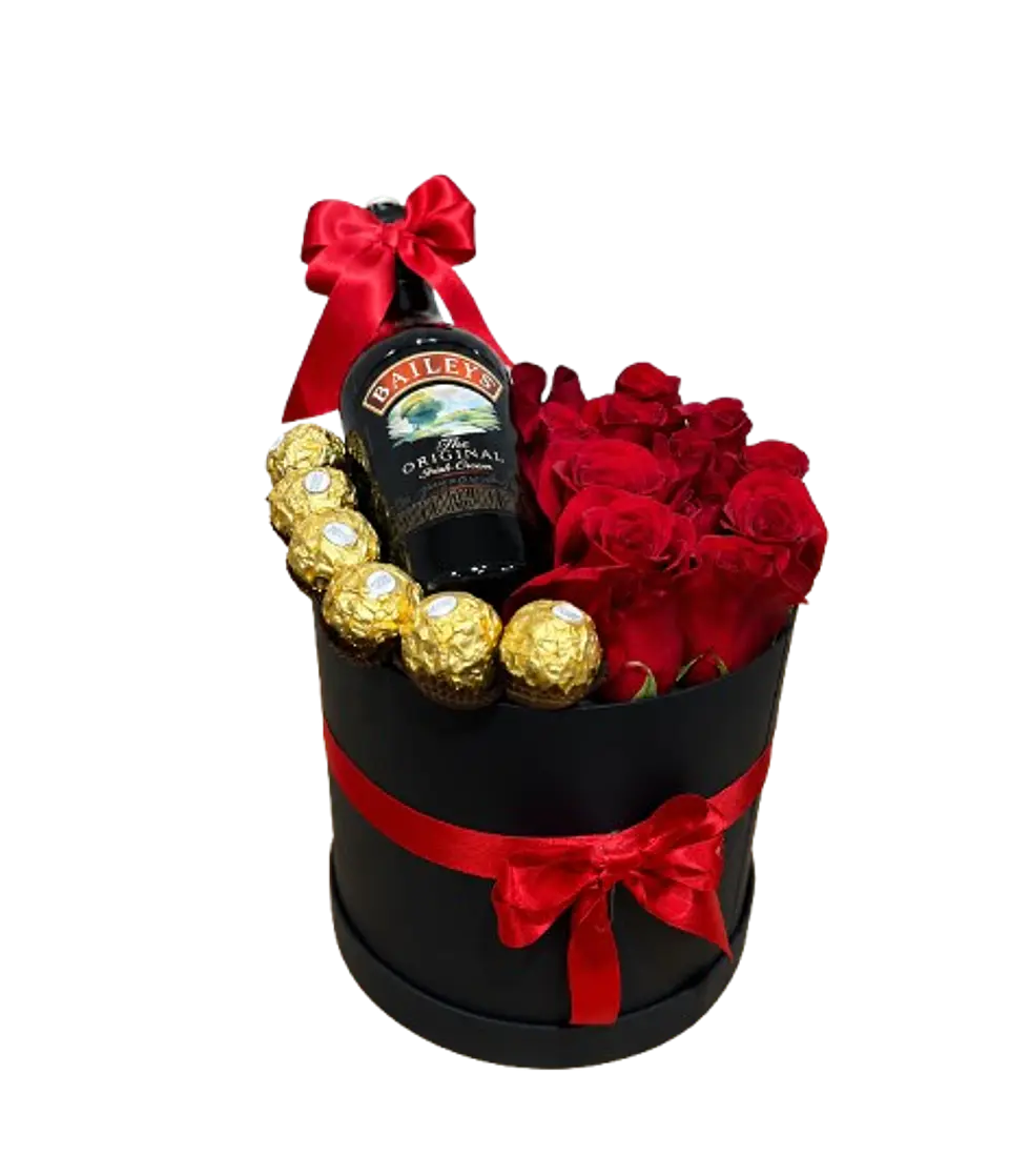Cilindro de 12 Rosas Rojas con 6 Chocolates Crema de Whisky 375 Ml 1