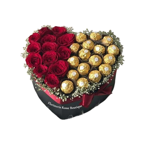 Caja Corazón con 15 Rosas Rojas y 15 Chocolates
