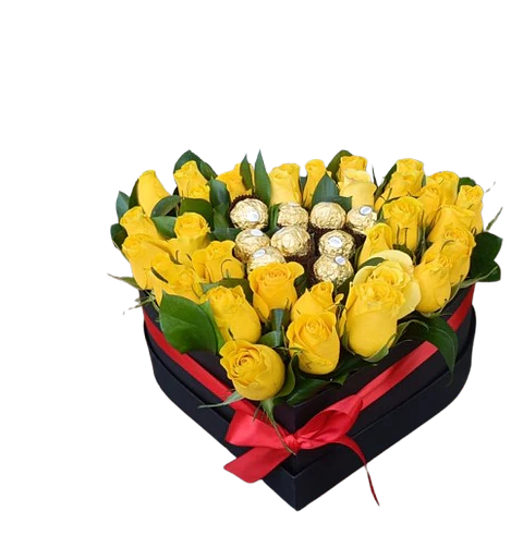 Caja de Corazón con Rosas 30 Rosas Amarillas y 9 Chocolates