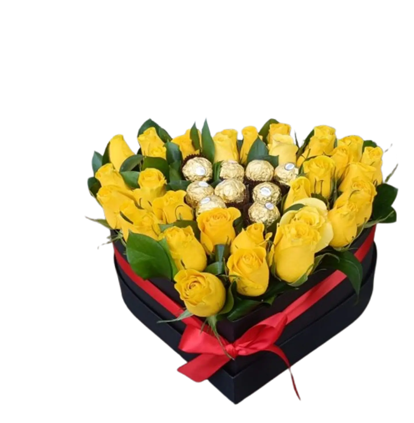 Caja de Corazón con Rosas 30 Rosas Amarillas y 9 Chocolates 1