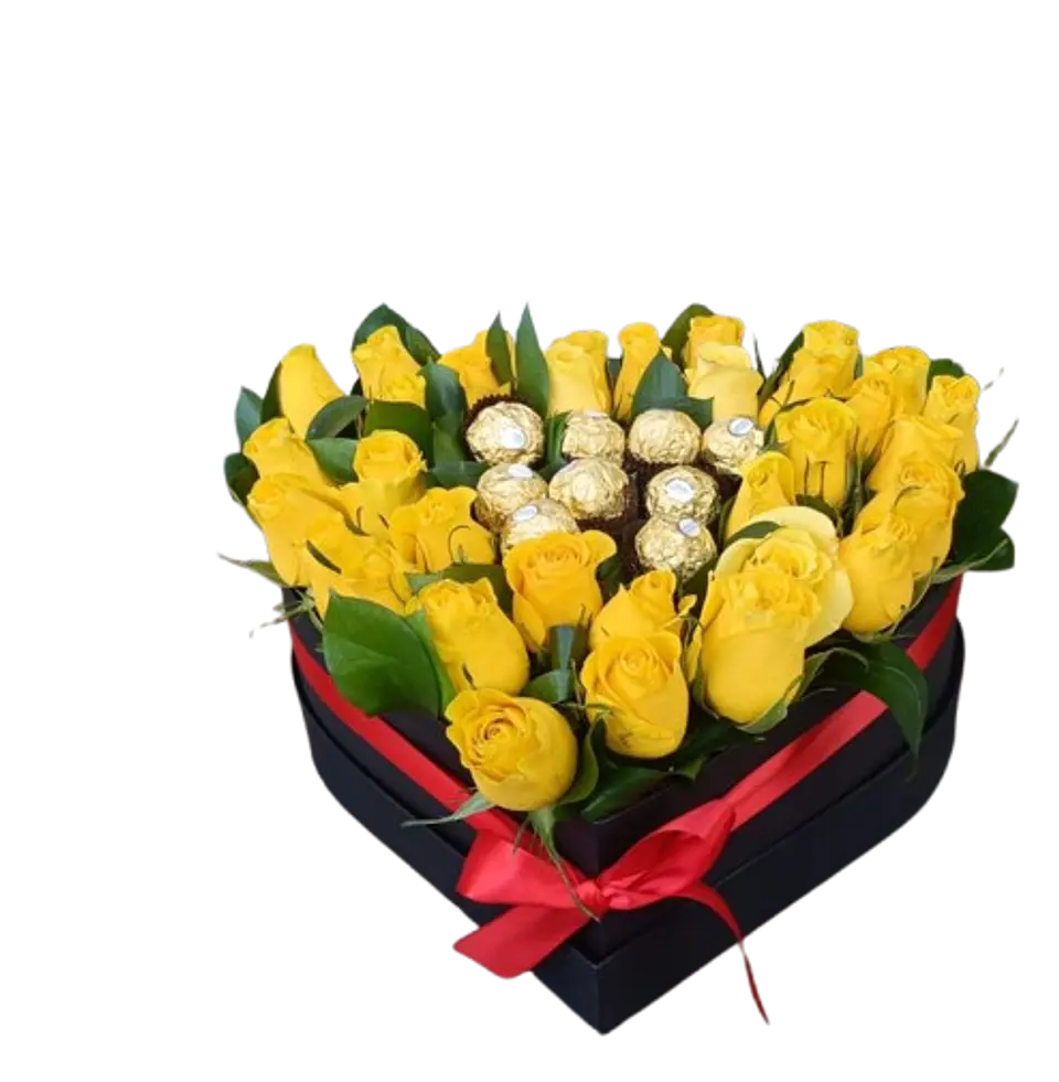 Caja de Corazón con Rosas 30 Rosas Amarillas y 9 Chocolates 1