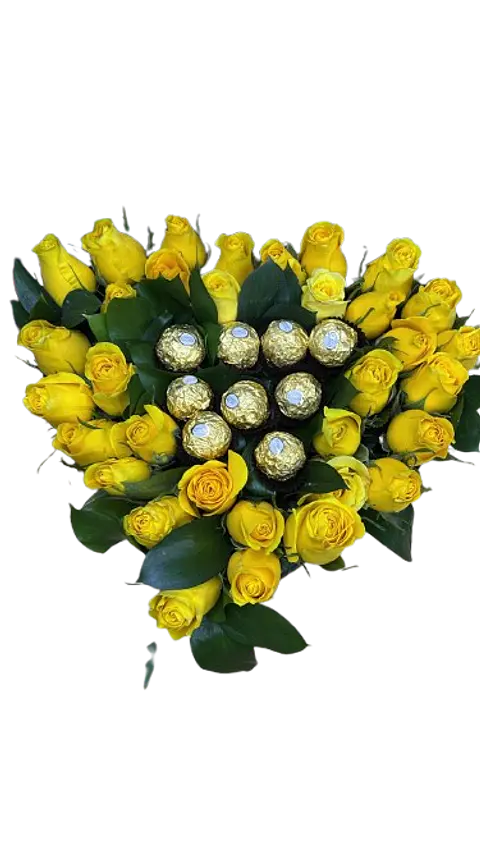 Caja de Corazón con Rosas 30 Rosas Amarillas y 9 Chocolates