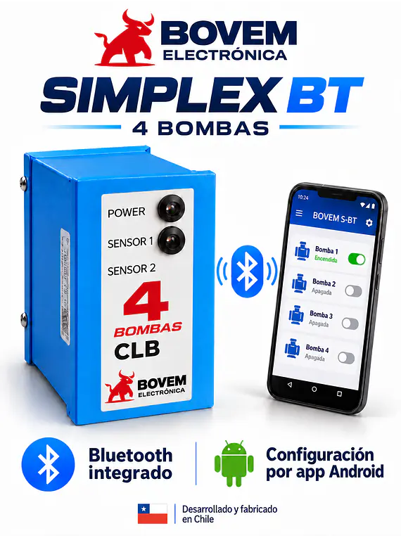 RELÉ DE ALTERNANCIA SECUENCIADOR DE 4 BOMBAS MARCA BOVEM MODELO SIMPLEX BLUETOOTH - INCLUYE BASE PARA RIEL DIN DE 11 PINES