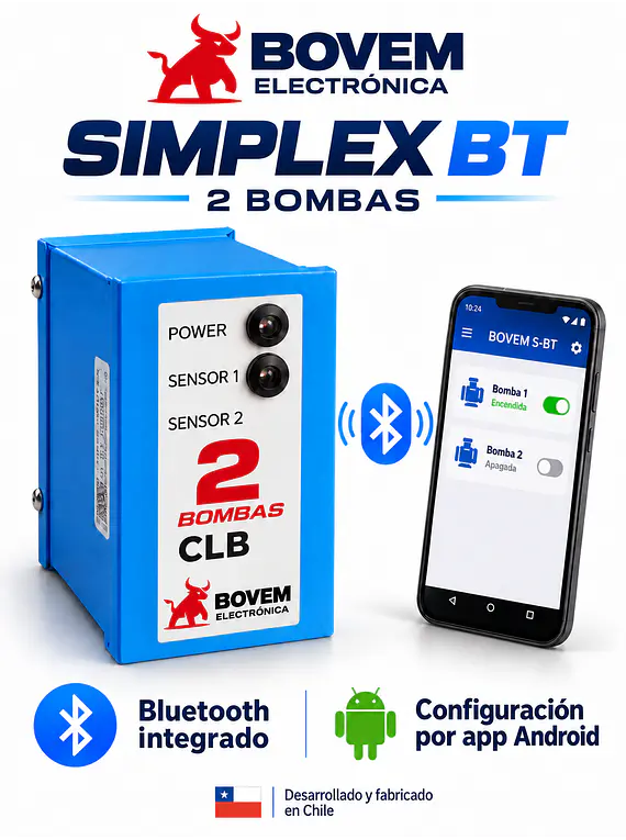 RELÉ DE ALTERNANCIA SECUENCIADOR DE 2 BOMBAS MARCA BOVEM MODELO SIMPLEX BLUETOOTH - INCLUYE BASE PARA RIEL DIN DE 11 PINES