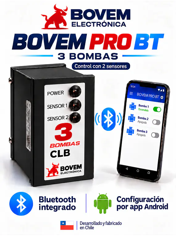RELÉ DE ALTERNANCIA SECUENCIADOR DE 3 BOMBAS MARCA BOVEM MODELO PRO BT DOBLE SENSOR - INCLUYE BASE PARA RIEL DIN DE 11 PINES