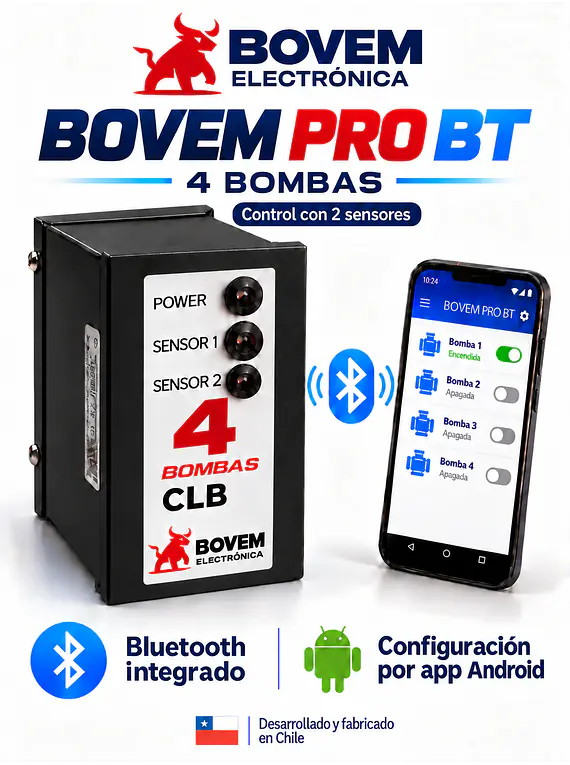 RELÉ DE ALTERNANCIA SECUENCIADOR DE 4 BOMBAS MARCA BOVEM MODELO PRO BT DOBLE SENSOR - INCLUYE BASE PARA RIEL DIN DE 11 PINES