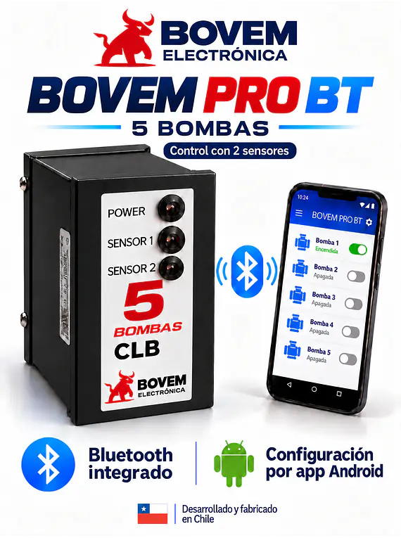 RELÉ DE ALTERNANCIA SECUENCIADOR DE 5 BOMBAS MARCA BOVEM MODELO PRO BT DOBLE SENSOR - INCLUYE BASE PARA RIEL DIN DE 11 PINES