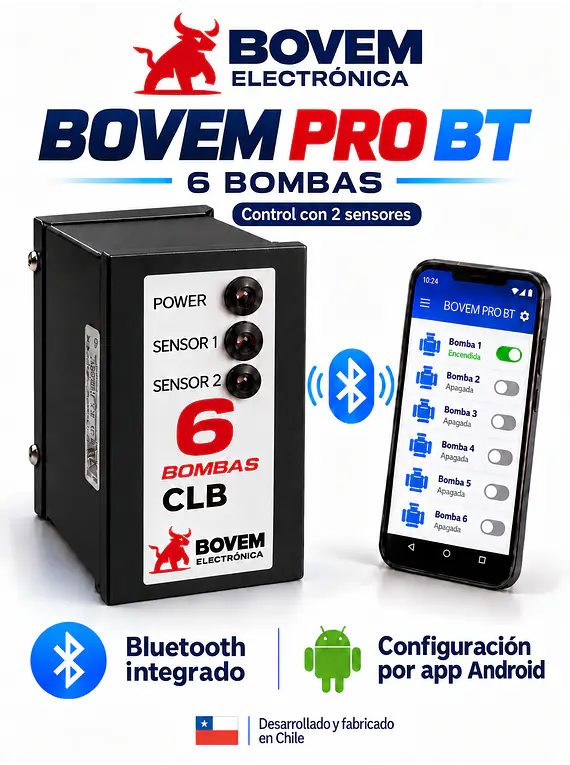 RELÉ DE ALTERNANCIA SECUENCIADOR DE 6 BOMBAS MARCA BOVEM MODELO PRO BT DOBLE SENSOR - INCLUYE BASE PARA RIEL DIN DE 11 PINES