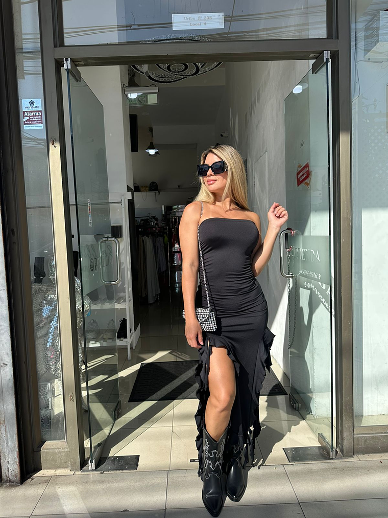 vestido negro flecos  2