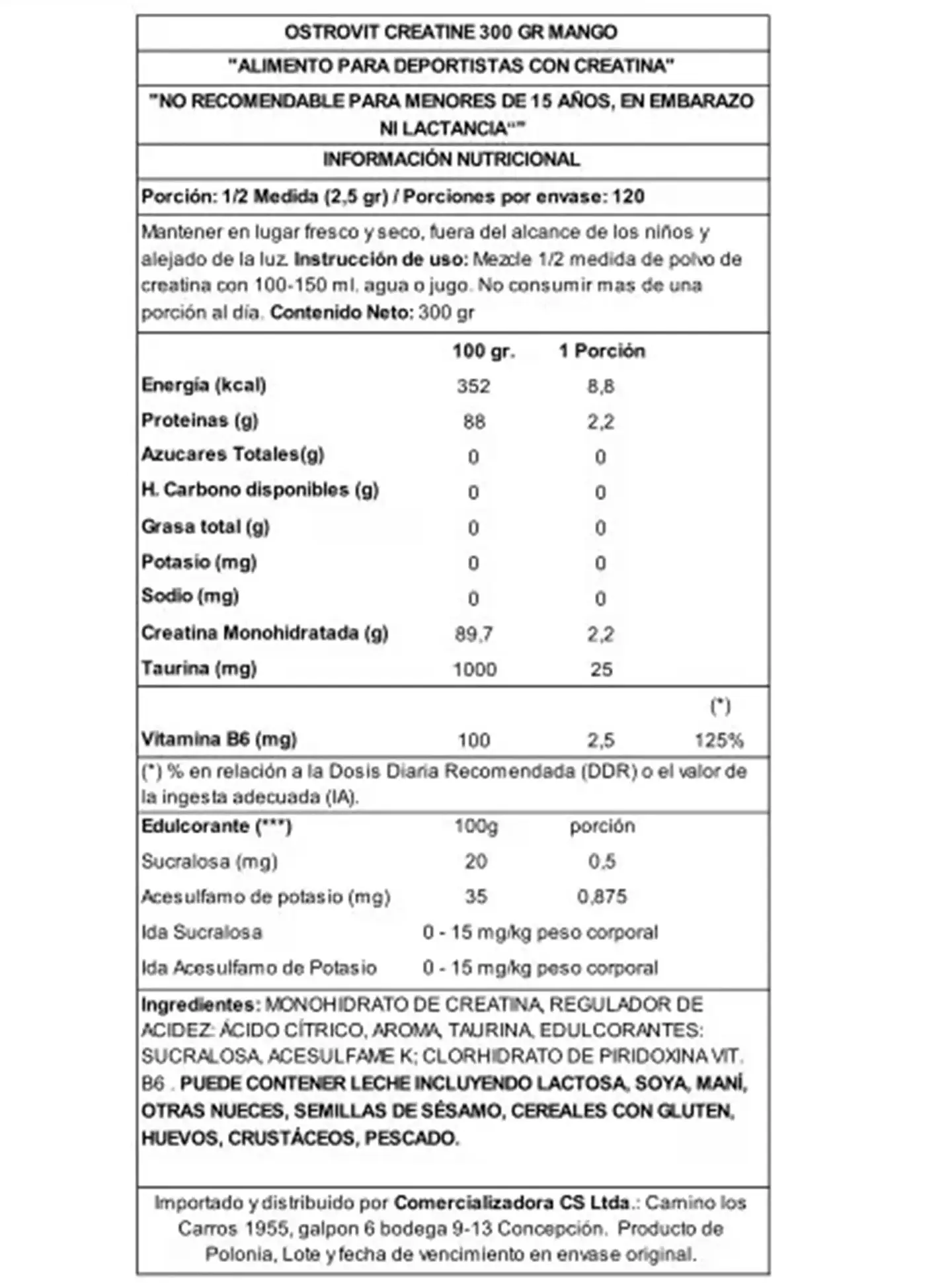 Creatina Monohidratada Ostrovit Mango 300 g Polvo 2