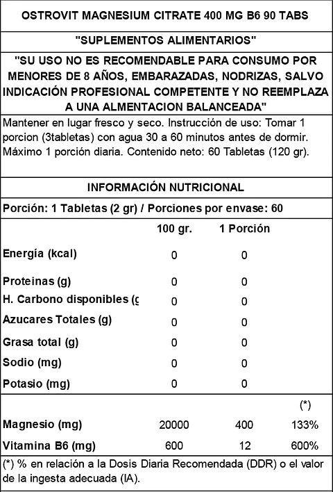 Magnesio Citrato + Vitamina B6 Ostrovit 400 mg 90 Tabletas