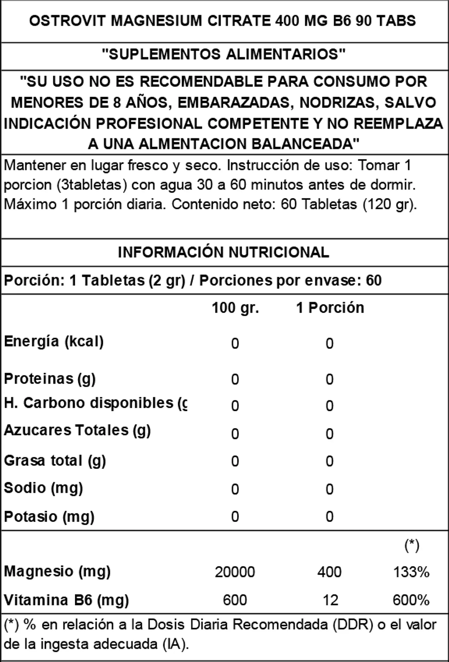 Magnesio Citrato + Vitamina B6 Ostrovit 400 mg 90 Tabletas 2