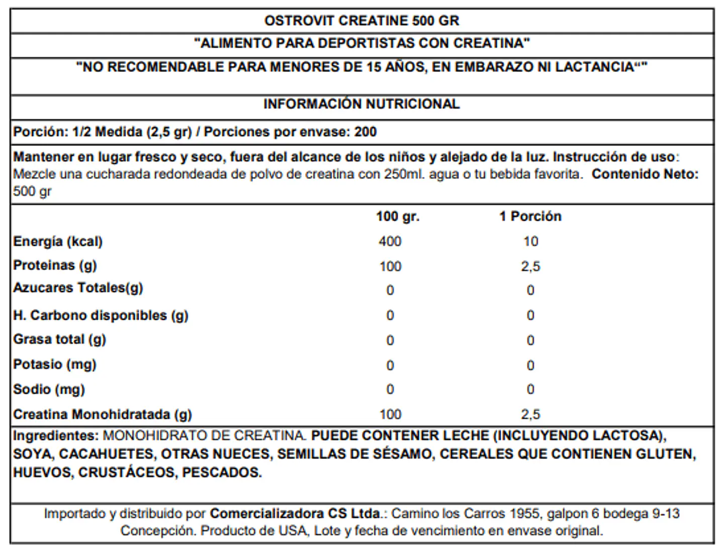 Creatina Monohidratada Ostrovit 500 g Polvo 2