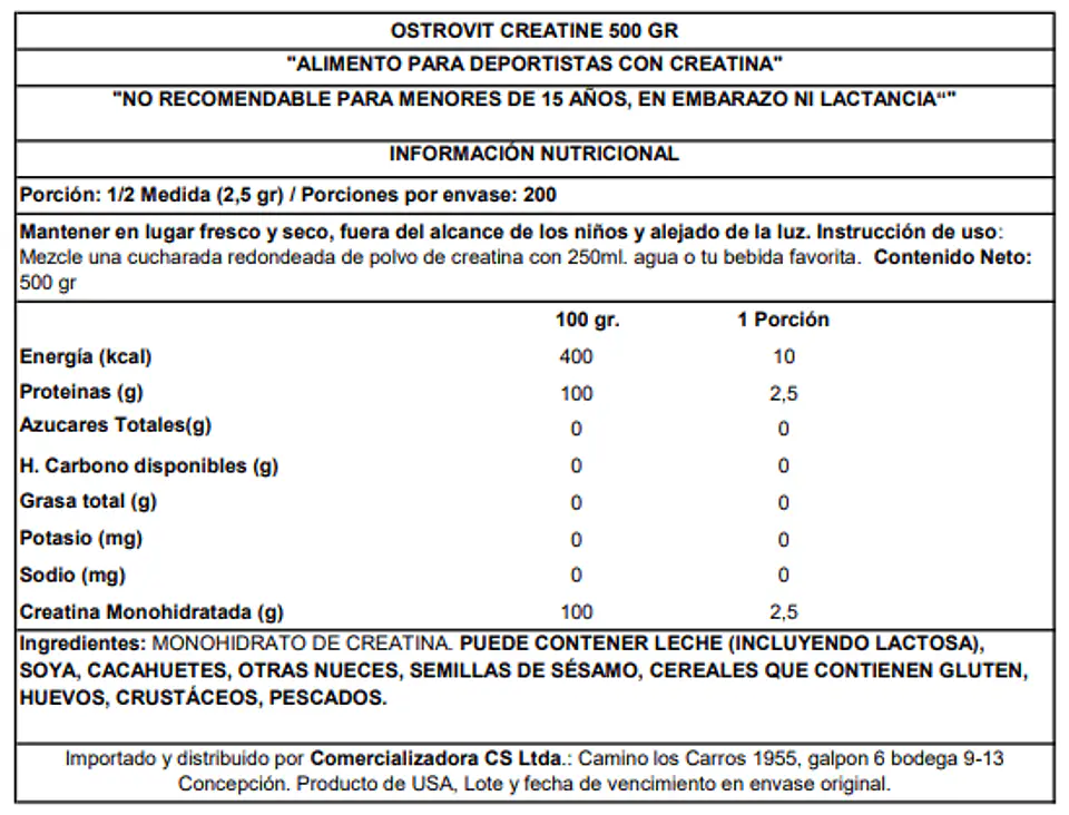 Creatina Monohidratada Ostrovit 500 g Polvo 2