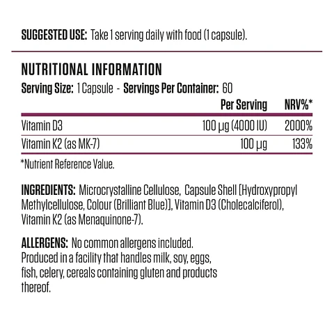 Vitamina D3 + K2 Applied Nutrition 60 Cápsulas