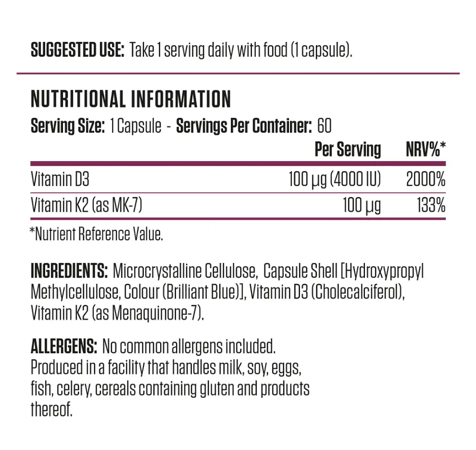 Vitamina D3 + K2 Applied Nutrition 60 Cápsulas 2