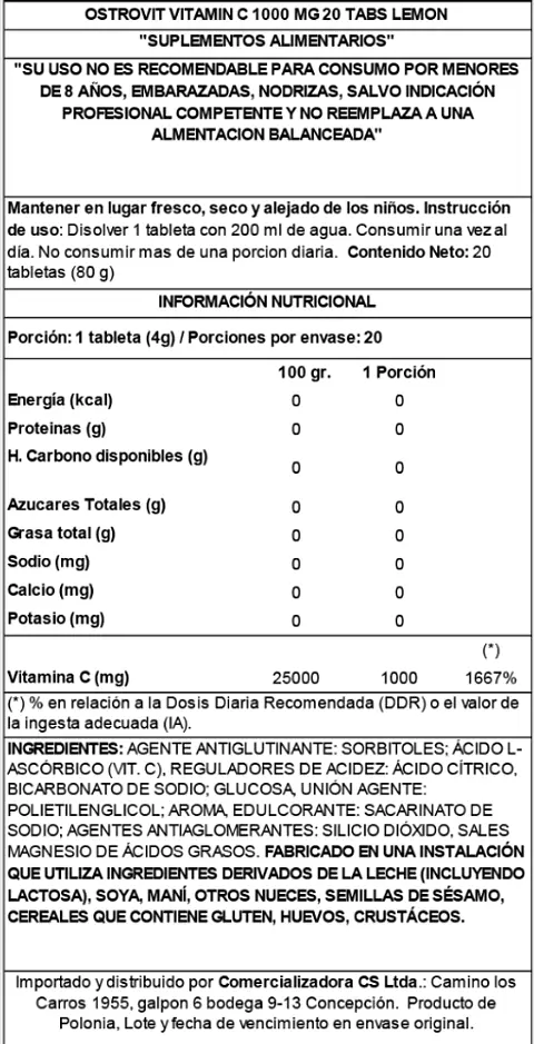 Vitamina C Efervescente Ostrovit Limón 20 Tabletas