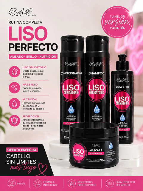 Pack Liso Obrigatorio Shampoo + Acondicionador + Mascarilla + Protector térmico 