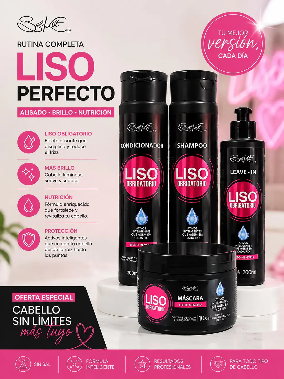 Pack Liso Obrigatorio Shampoo + Acondicionador + Mascarilla + Protector térmico  1
