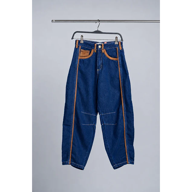 Jeans Barrel Azul Apliques Café