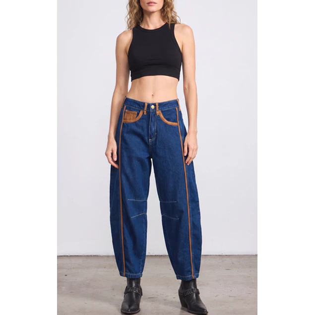 Jeans Barrel Azul Apliques Café
