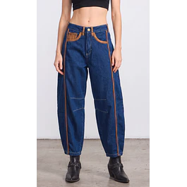 Jeans Barrel Azul Apliques Café