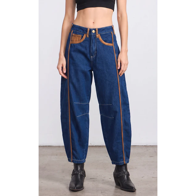 Jeans Barrel Azul Apliques Café