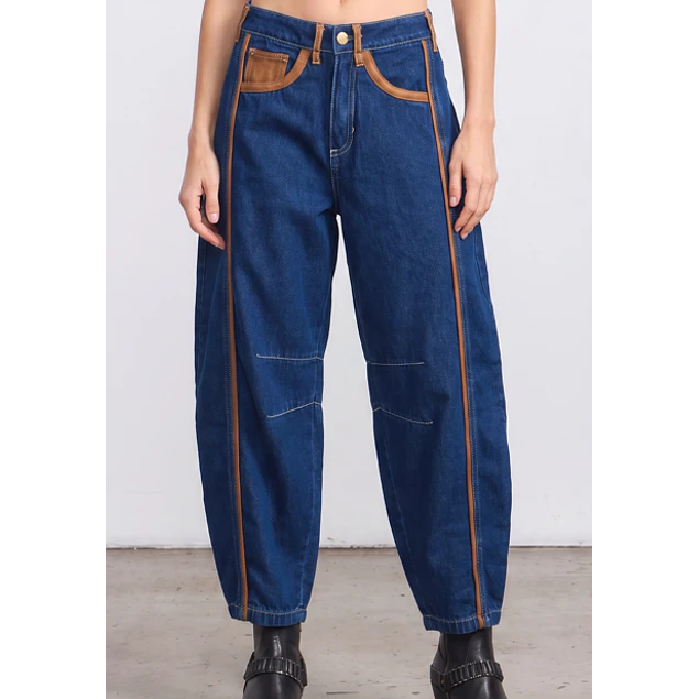 Jeans Barrel Azul Apliques Café