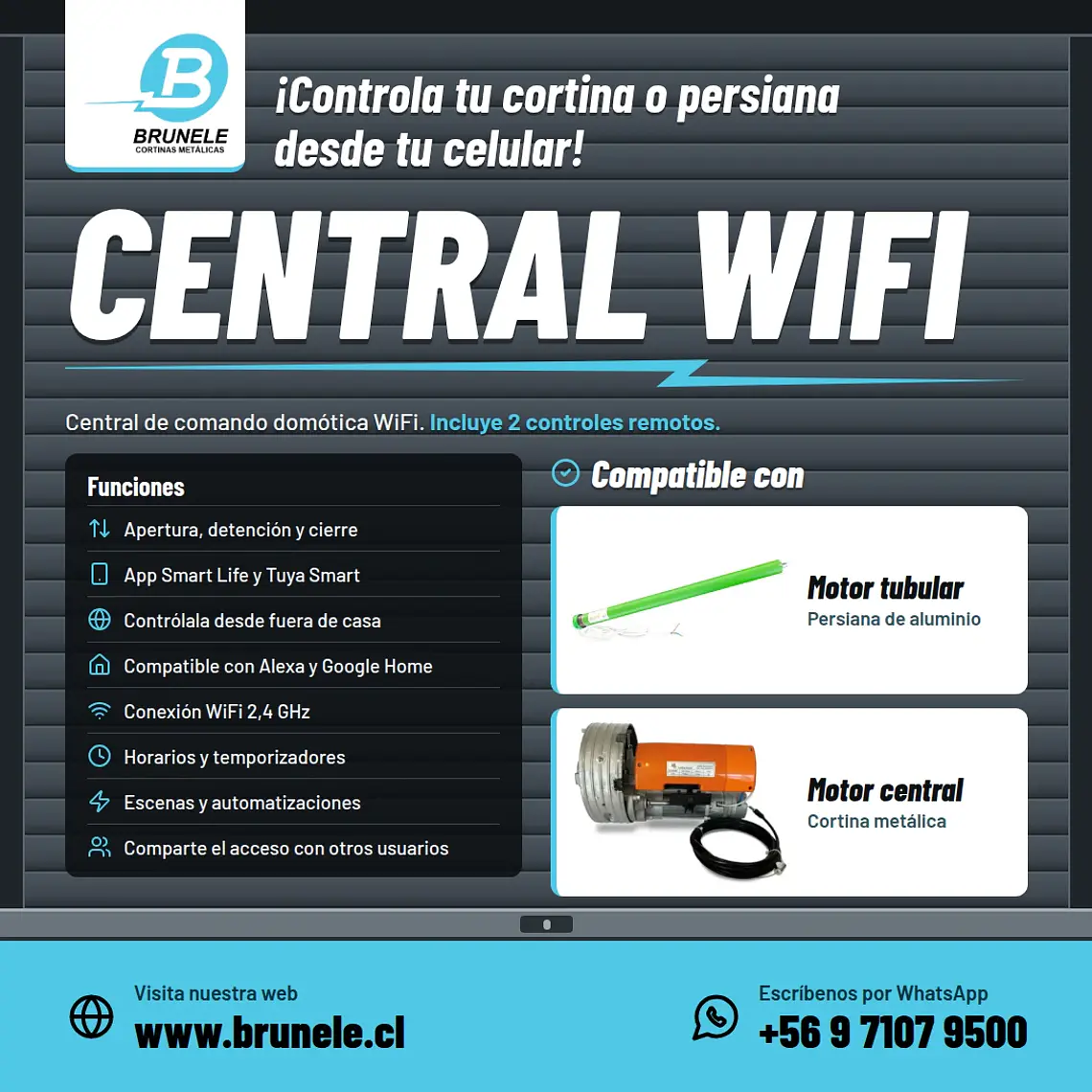 Central de Comando Domótica para Motor Central de Cortina Metálica y Motor Tubular Persiana de Aluminio + 2 Controles Remotos 2