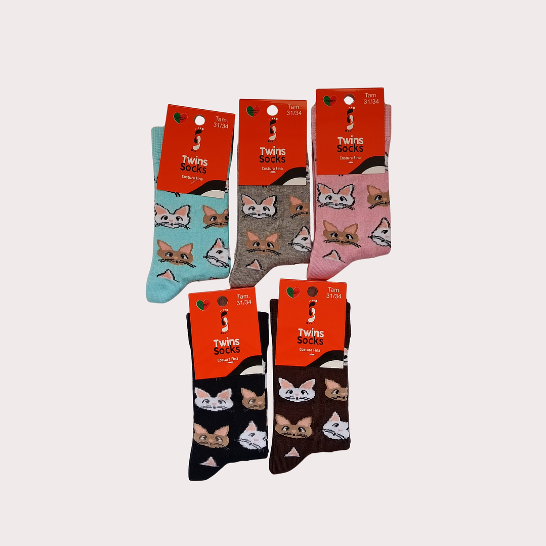 Pack 5 Meias de Algodão Tam: 31-34 Cano Médio Gatos 1