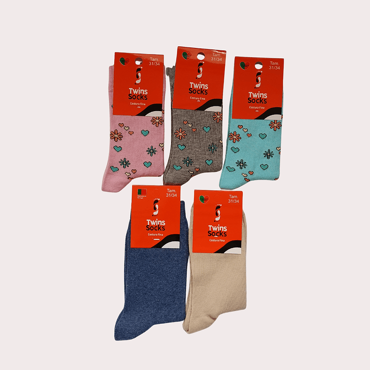 Pack 5 Meias de Algodão Tam: 31-34 Cano Médio Flor 1