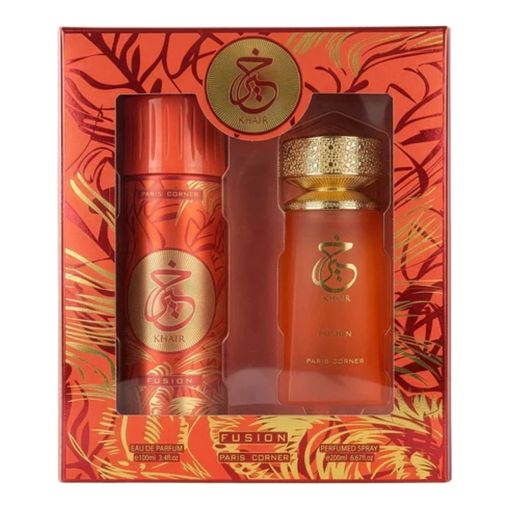 Set Perfume Khair Fusion EDP 100 ml + Perfumed Spray 200 ml Paris Corner unisex 1