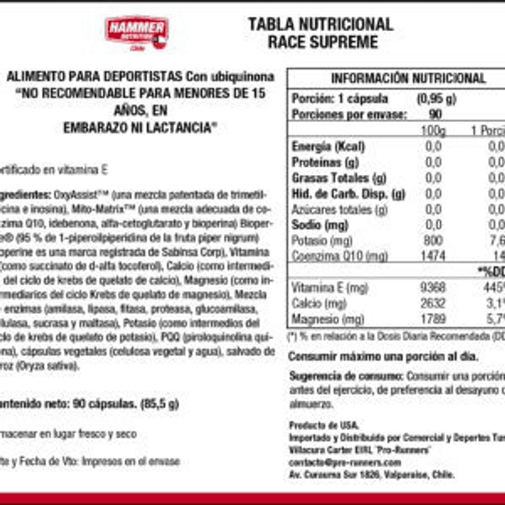 Energia y Recuperación – RACE CAPS SUPREME – HAMMER NUTRITION 2