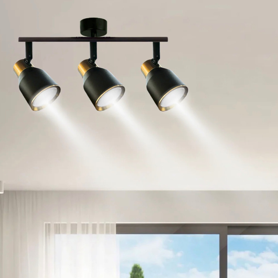 Aplique Triple Negro Dorado Con Ampolleta Dicroica Gu10 Dirigible 2