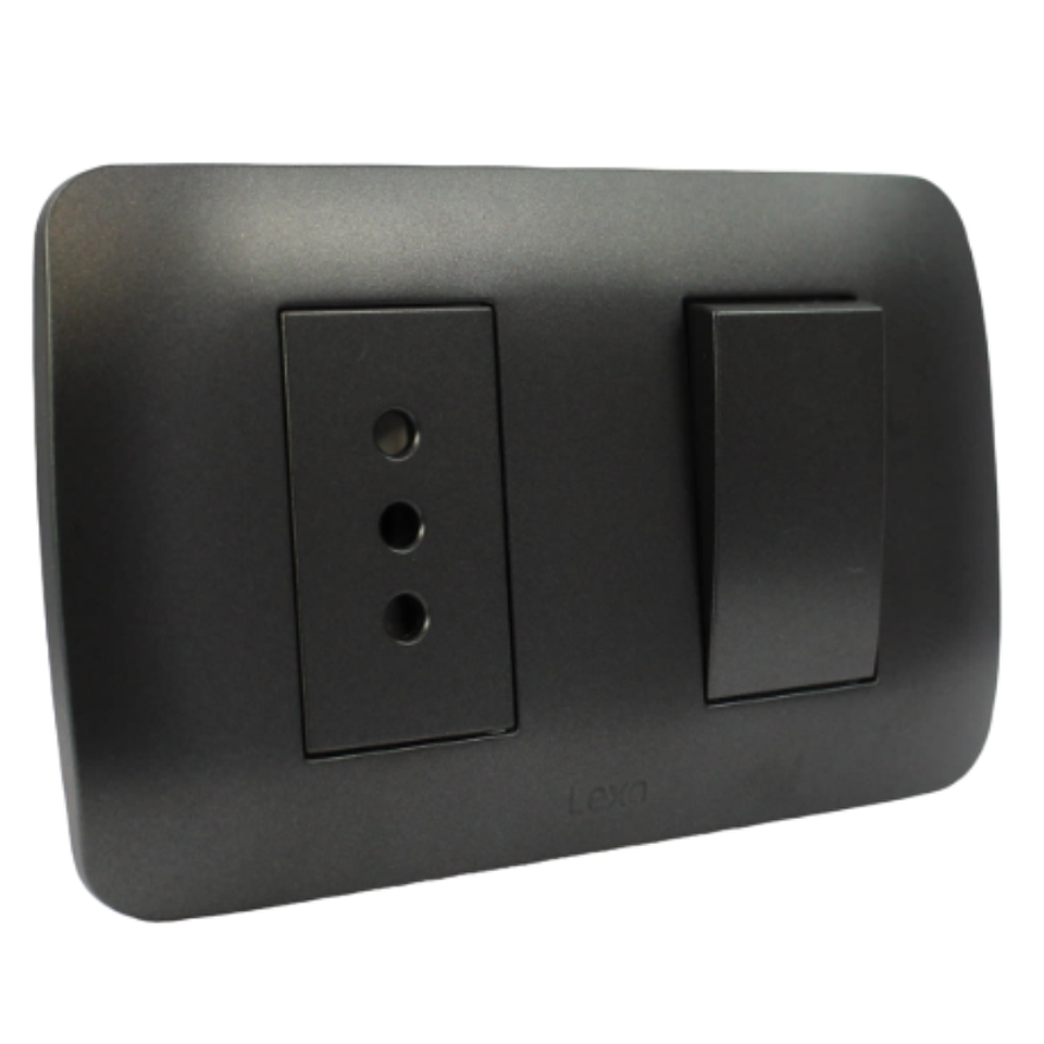 Interruptor Simple 9/12+Toma Corriente 10A 250V Grafito LEXO 1