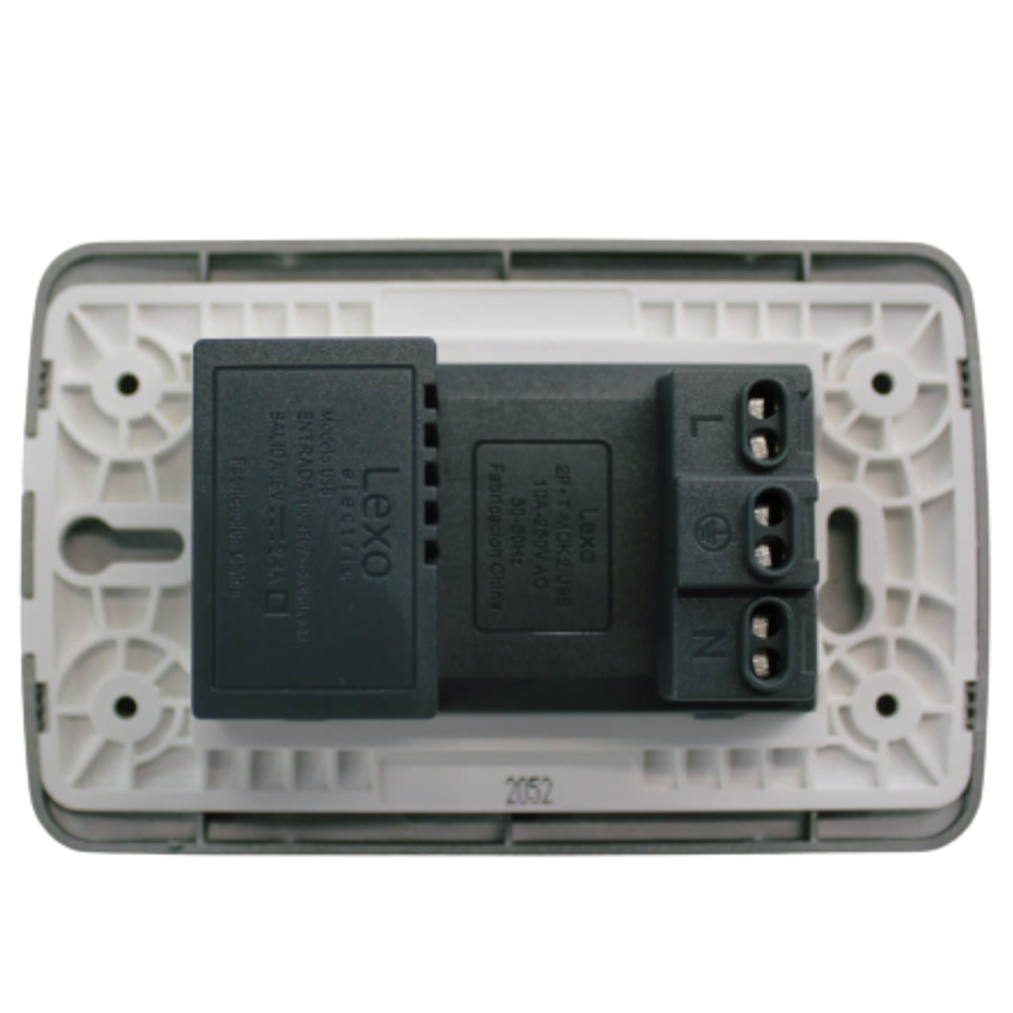 Tomacorriente Duplex 10A + 2 USB Grafito Armado Lexo 3