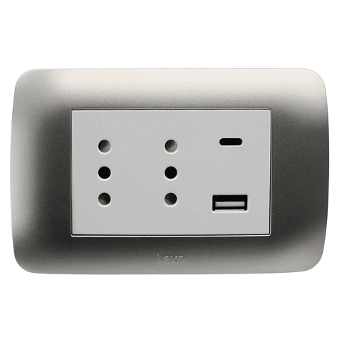 Tomacorriente Duplex 10A + 2 USB Plata Blanco Armado Lexo