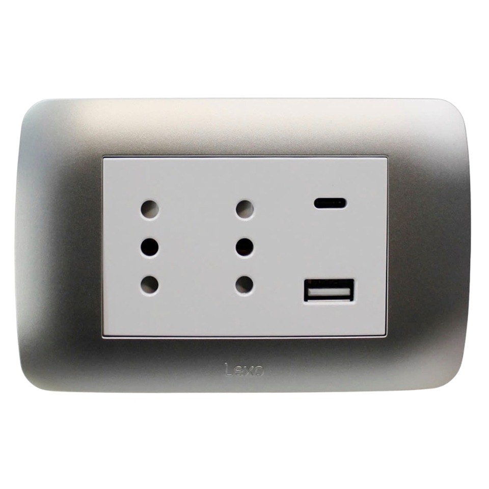 Tomacorriente Duplex 10A + 2 USB Plata Blanco Armado Lexo 2