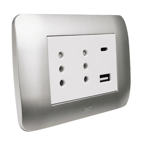 Tomacorriente Duplex 10A + 2 USB Plata Blanco Armado Lexo