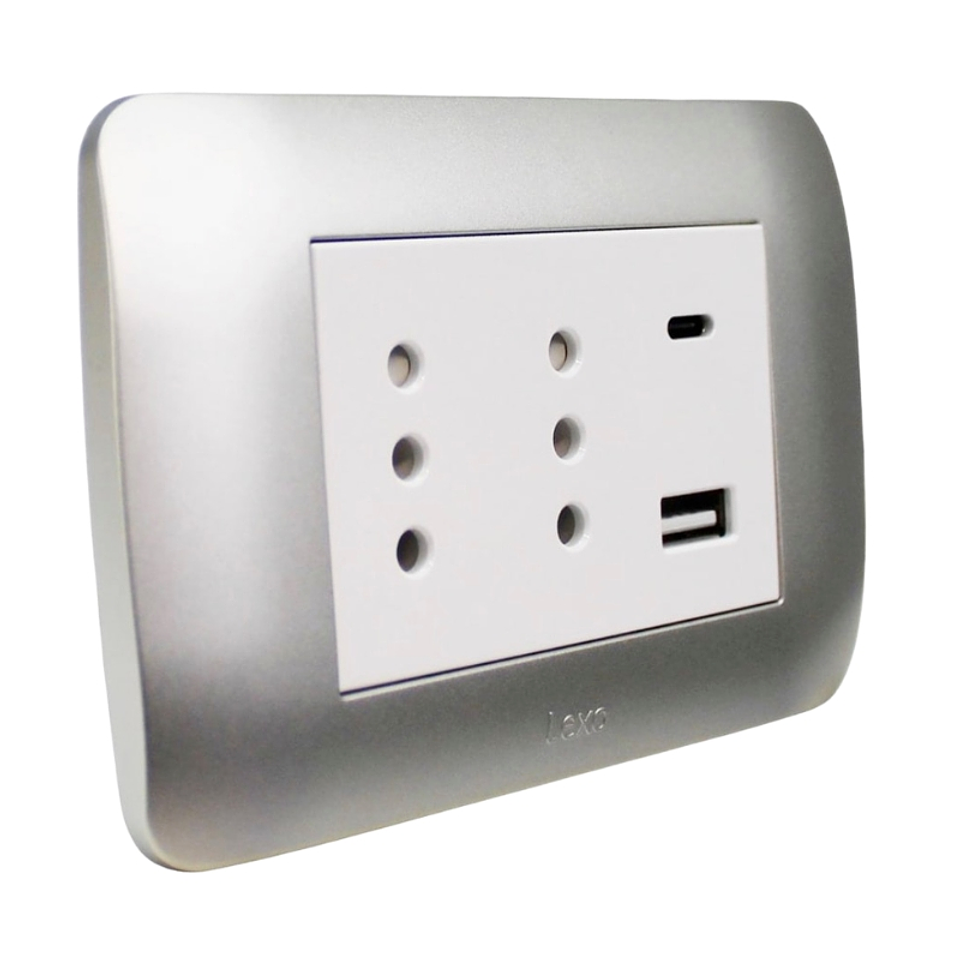 Tomacorriente Duplex 10A + 2 USB Plata Blanco Armado Lexo 1
