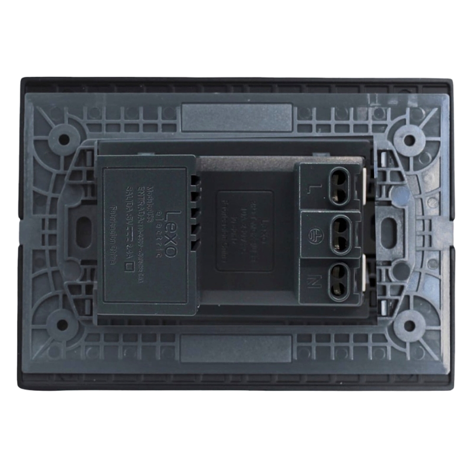 Tomacorriente Duplex 10A + 2 USB Plata Blanco Armado Lexo 3