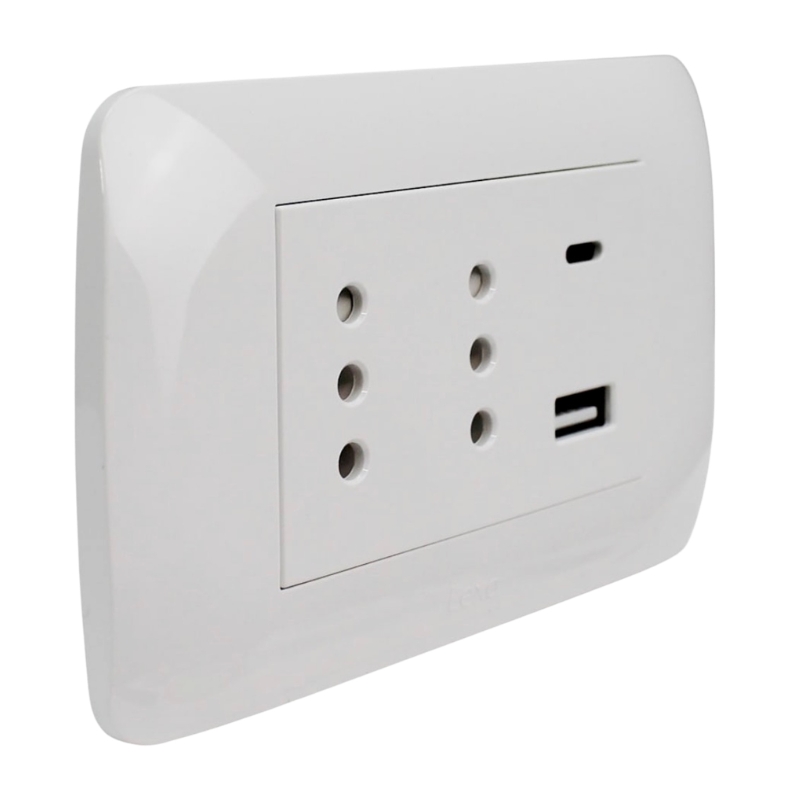 Tomacorriente Duplex 10A + 2 USB Blanco Armado Lexo