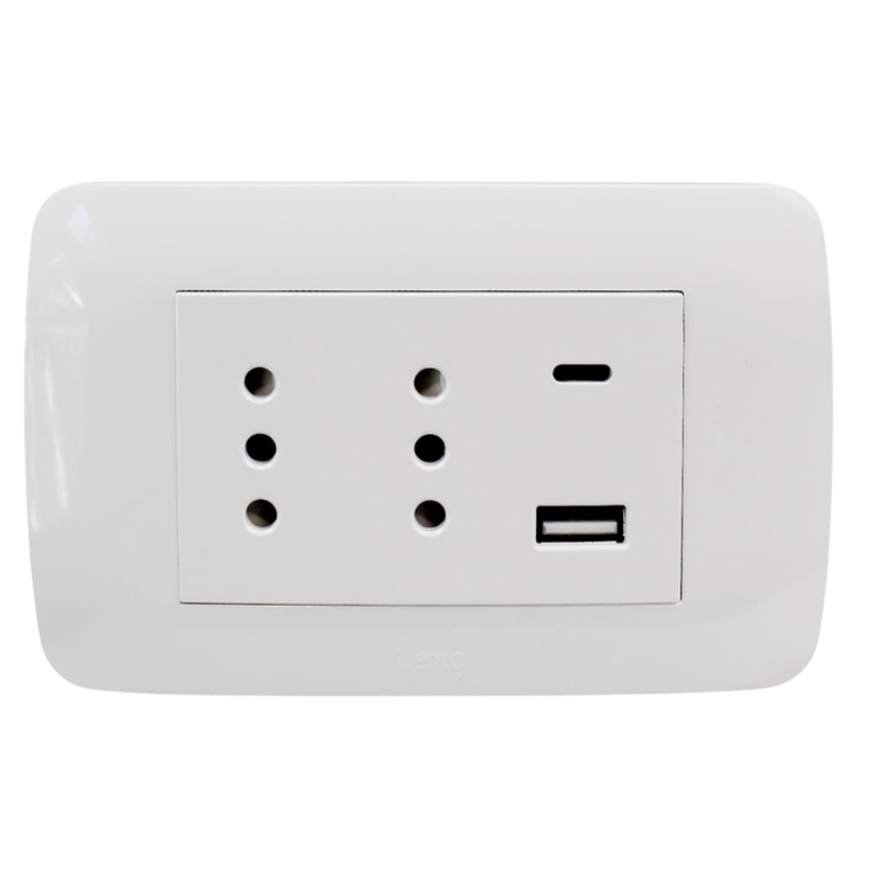 Tomacorriente Duplex 10A + 2 USB Blanco Armado Lexo