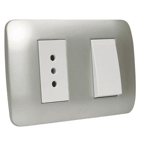 Interruptor 9/12 + Toma 10A 250V Blanco / Plata LEXO
