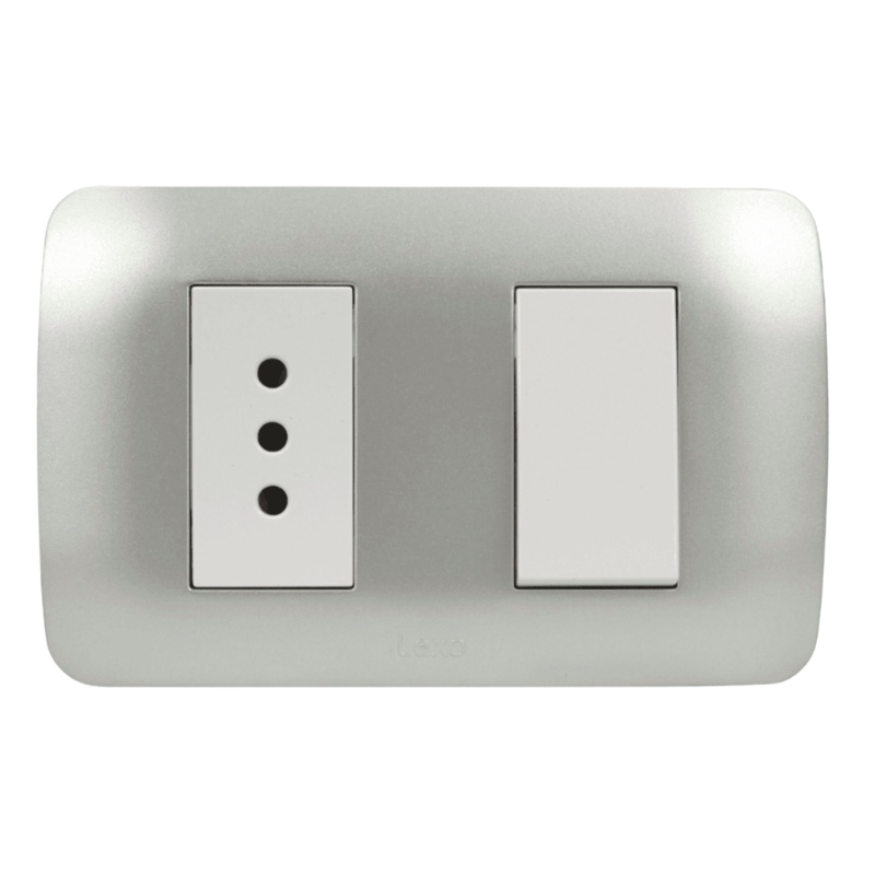 Interruptor 9/12 + Toma 10A 250V Blanco / Plata LEXO