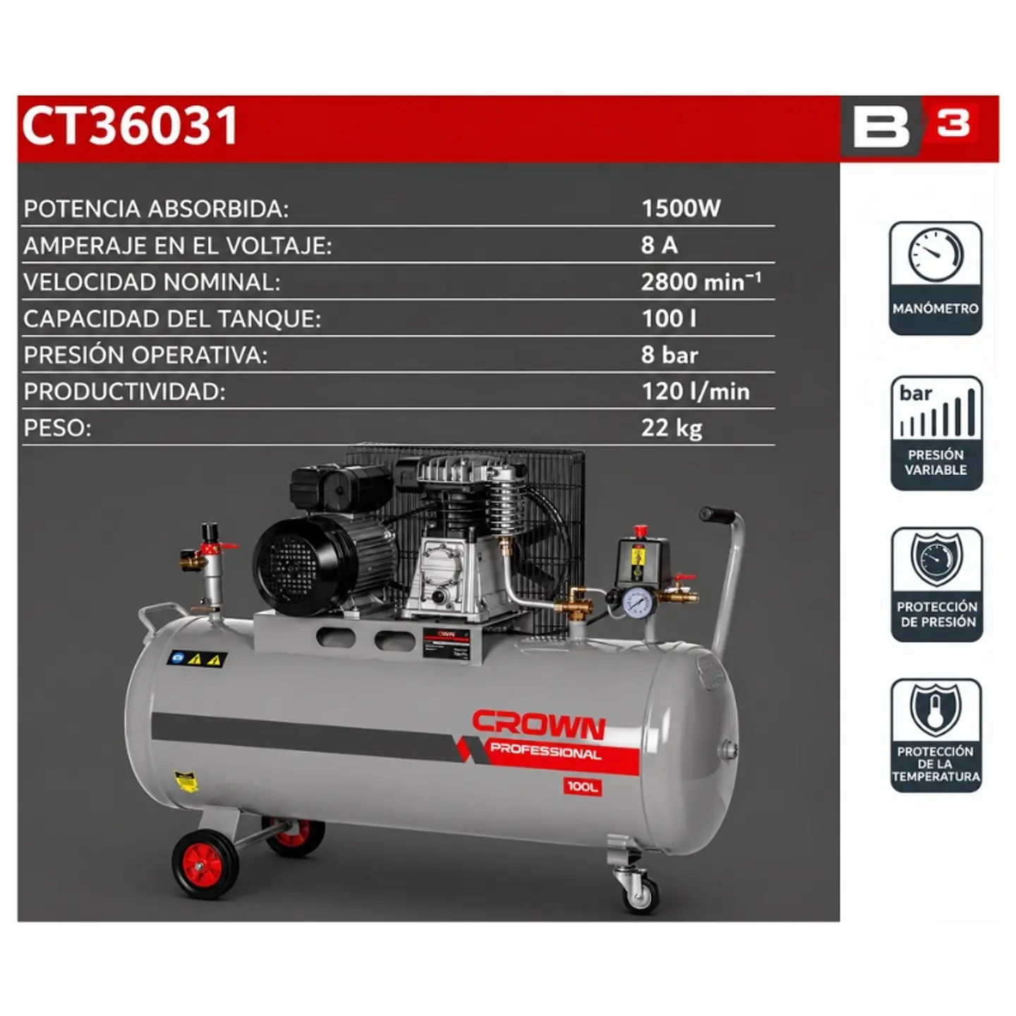 Compresor De Aire 100lt Crown Sec 2