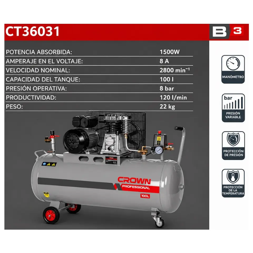 Compresor De Aire 100lt Crown Sec 2