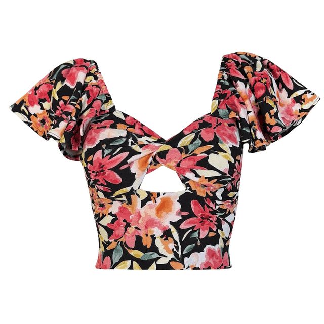 TOP CARLOTA MANGAS DE VUELOS ACUARELA RED FLOWERS 