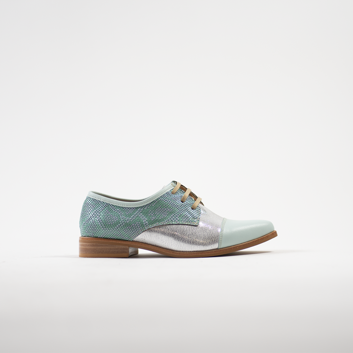 Zapatos Oxford Mujer Plateado y Verde Calzado Cuero Burano