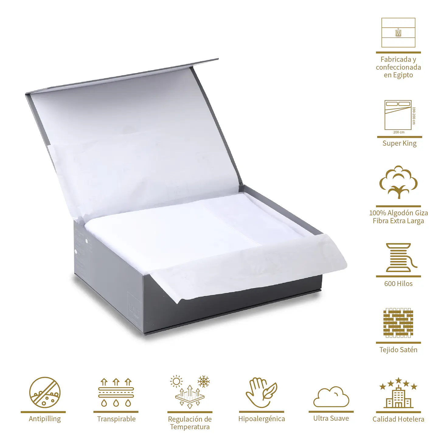 Sábanas Super King Algodón Egipcio 600 Hilos Gris 2